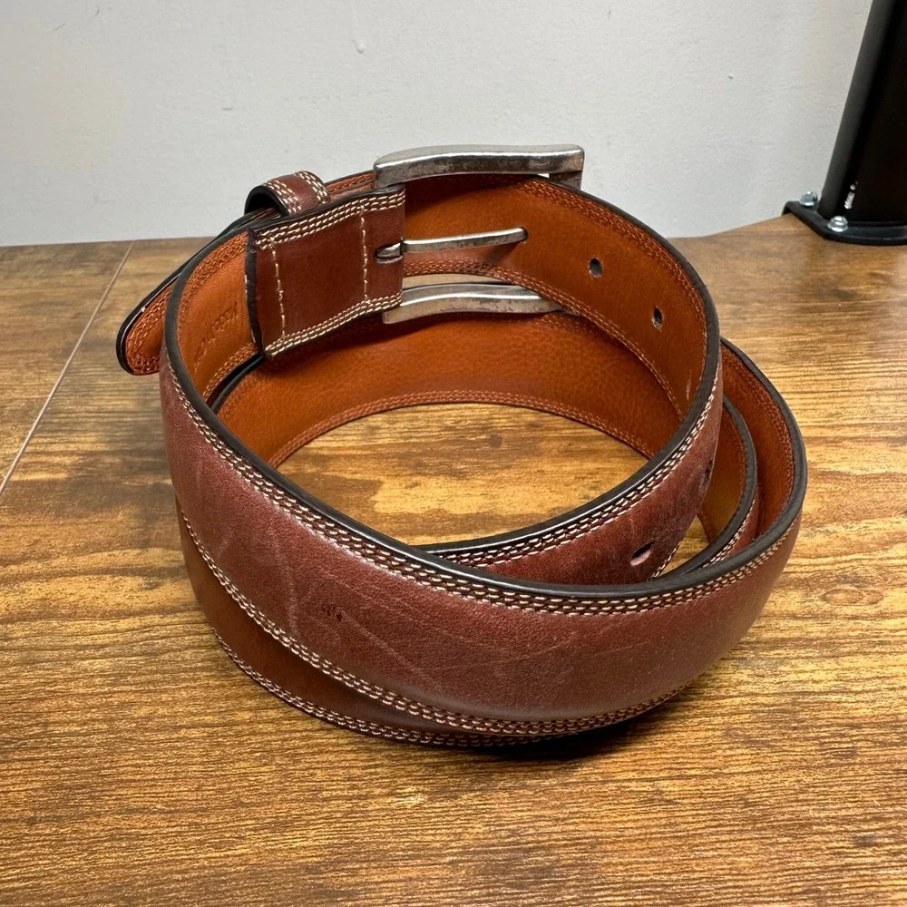 Johnston & Murphy Mens Brown Leather Dress Belt Triple Stitch Size 44 75-7312‎
